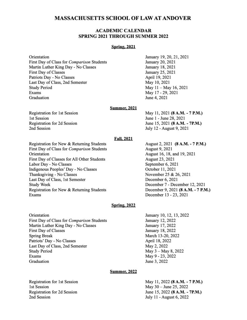 Academic Calendar Massachusetts School of Law