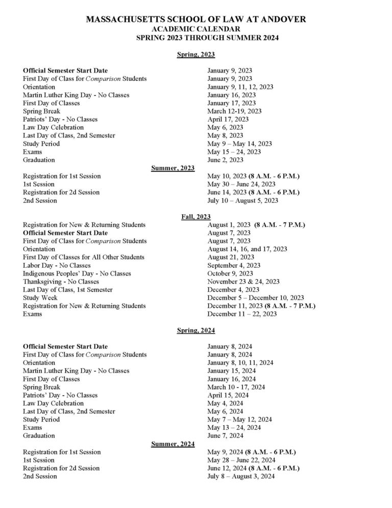 Academic Calendar Massachusetts School of Law
